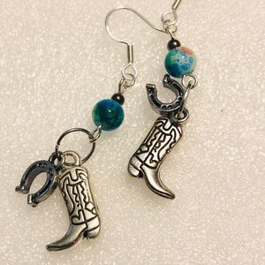 Cowboy Boot earrings, horseshoes, blue green beads